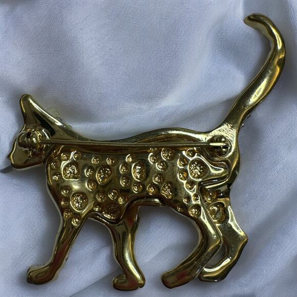 Swarovski Signed Pave Austrian Crystal Cat Brooch with Emerald Green Eye - Picture 3 of 7
